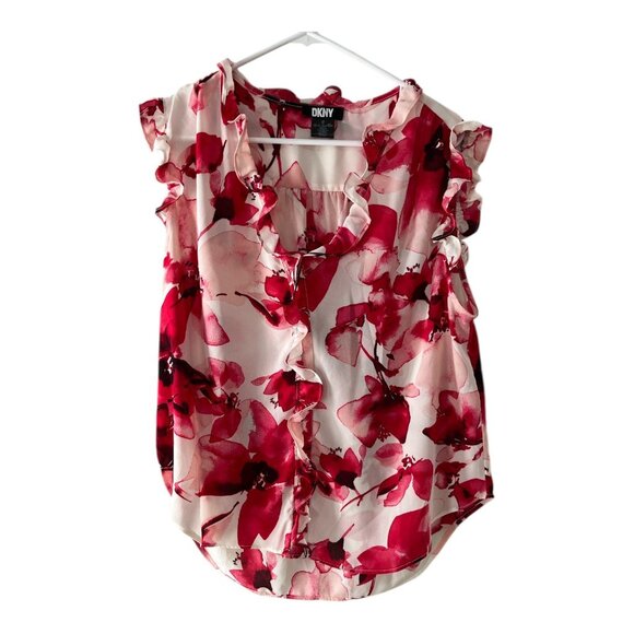 DKNY Red Floral Ruffle Sleeveless Blouse – Size XL - Picture 1 of 6